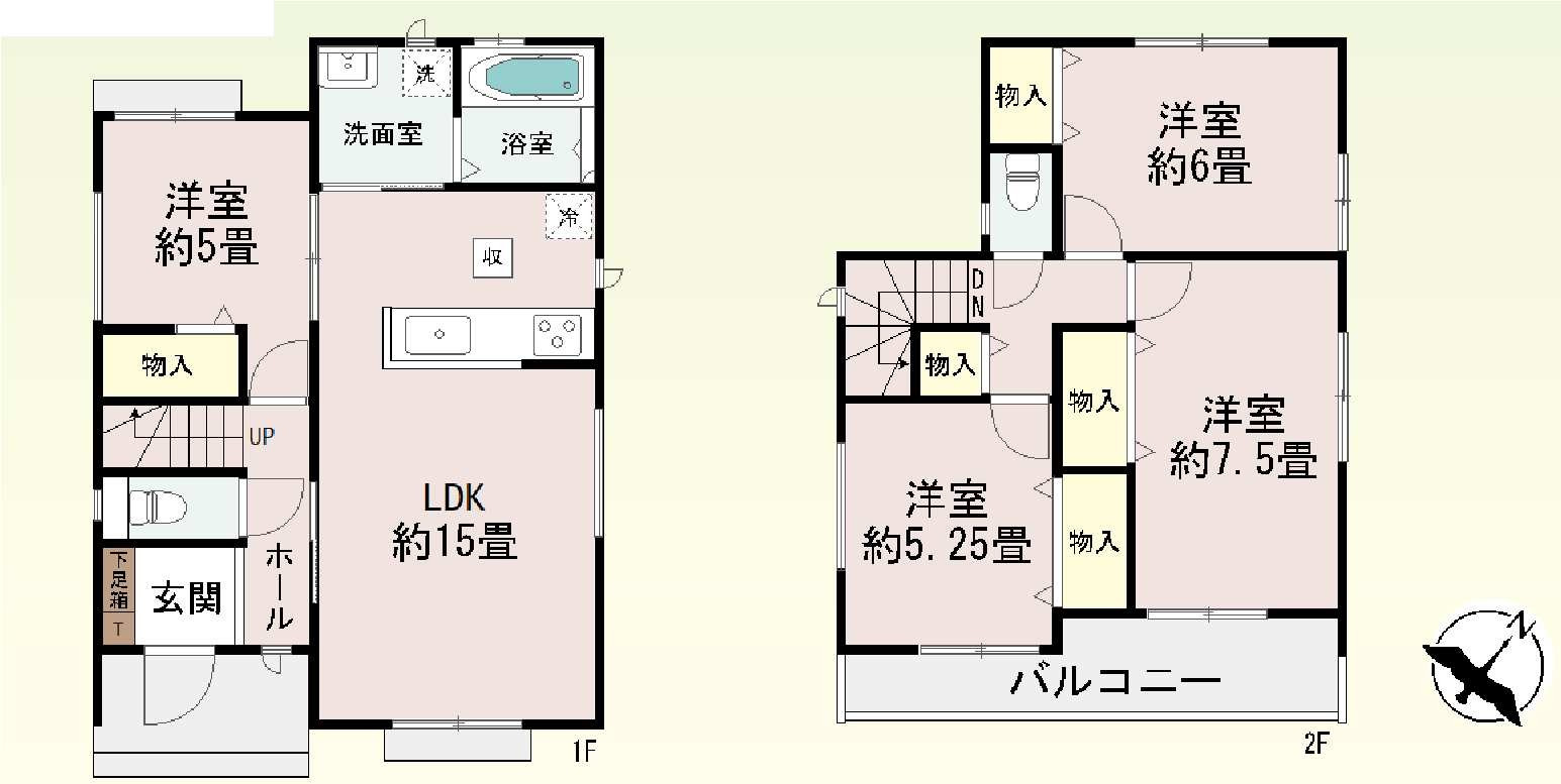 新築　前橋市駒形町　Heartful　Town　A号棟の間取り|建物面積92.74㎡　各部屋収納付きで便利です！二部屋分のバルコニーはお洗濯物が沢山干せます◎
						
