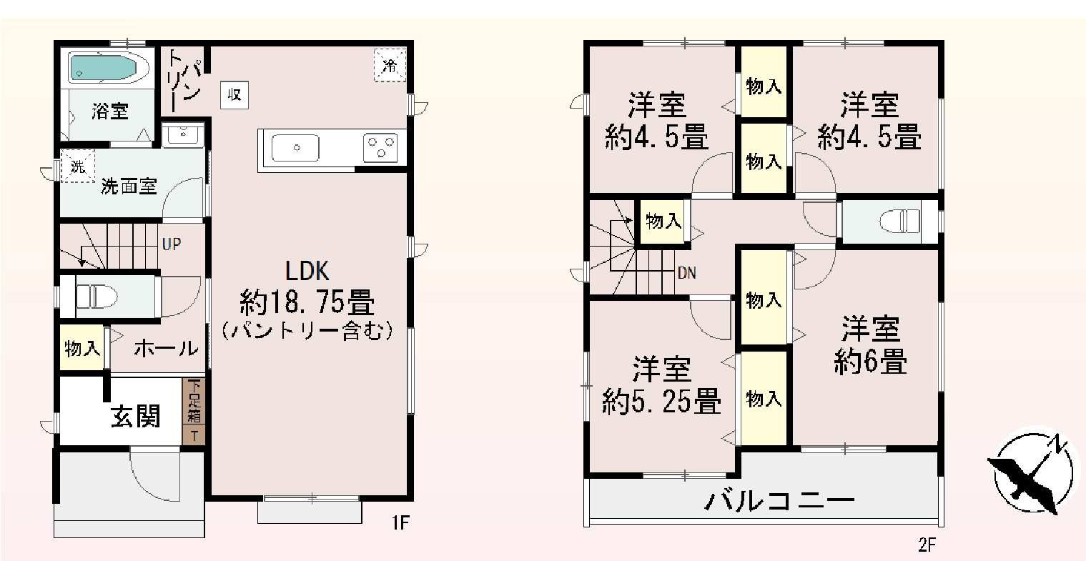 新築　前橋市駒形町　Heartful　Town　B号棟の間取り|建物面積97.29㎡　広々18.7帖のLDK！パントリー・各部屋収納付きで便利です！二部屋分のバルコニーはお洗濯物が沢山干せます◎
						
