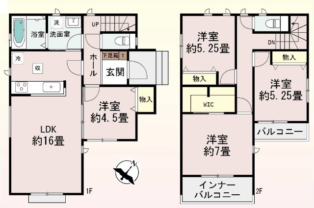 新築　前橋市山王町１丁目　Heartful　Town　A号棟の間取り|建物面積95.63㎡　ウォークインクローゼット・各部屋収納付きで便利です！インナーバルコニーなので急な雨でもお洗濯物も安心です。