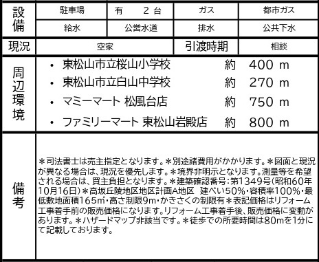 中古戸建　東松山市白山台5-11（期間限定現況販売）の構造・工法・仕様