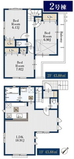 【間取り】 | 【仲介手数料無料！！】府中市押立町5丁目　新築戸建て（全3棟）2号棟　5180万円 | 2号棟