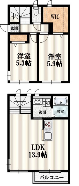 ソレイユ国立の間取り|1階・2階のメゾネットタイプ
