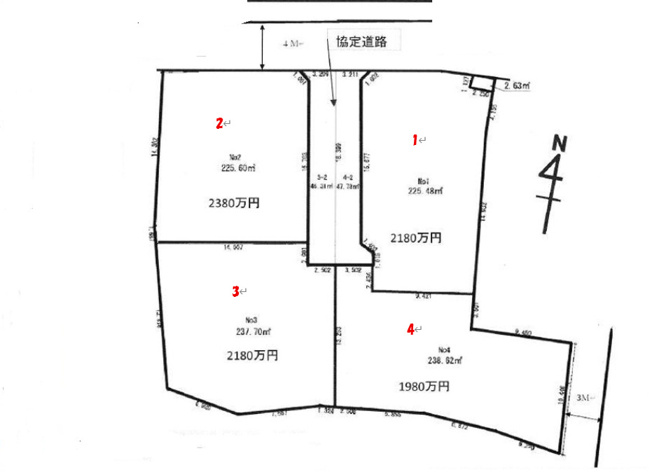 【土地図】 | 富士見市上南畑　建築条件無売地　全4区画　No.1  （ふじみ野店） | 全区画68坪以上のゆったりとした敷地になります。建築条件なしにつきお好きなハウスメーカー・工務店で建築可能！