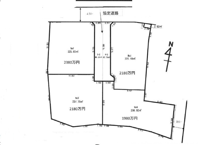 【土地図】 | 富士見市上南畑　建築条件無売地　全4区画　No.4 　（ふじみ野店） | 全区画68坪以上のゆったりとした敷地になります。建築条件なしにつきお好きなハウスメーカー・工務店で建築可能！