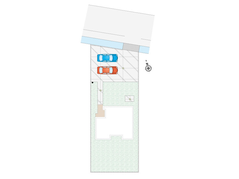幸手市千塚（全2区画）1号棟　区画図　2台分以上の駐車スペースを確保したゆとりある敷地。建物まわりにも十分なスペースがあり、開放感と使い勝手を両立した配置です。