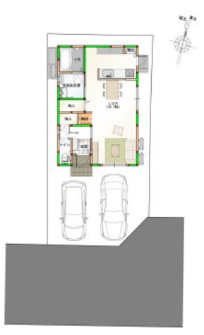 「駐車2台可」高知市高須東町　新築建売2の区画図|陽当たりや採光を考慮したこだわりの敷地配置！プライバシーにも配慮された快適な住環境です。