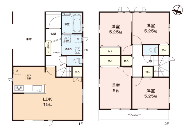 ふじみ野市福岡中央２丁目の新築一戸建の間取り|プライバシーも安心の2階リビングは15帖超の広さ。
2階に洗面室があるのでお洗濯ものを干すのも楽々♪
