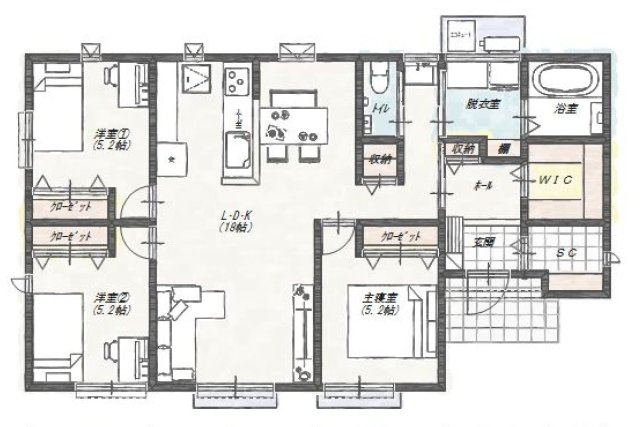 【平屋プラン例あり】香美市土佐山田町東本町（南）建築条件付き売り土地の参考プラン|【建物プラン例】憧れの平屋♪機能的で家族の気配を感じられる住まいです。