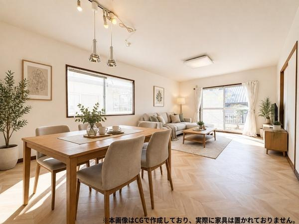 高崎4丁目中古の居間・リビング|ゆとりのある広さが感じられるリビング。照明もスタイリッシュな印象を持たせています。