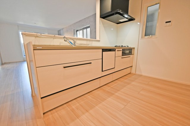 摂津市別府2丁目新築一戸建て│3SLDK+駐車1台可のキッチン|収納力のあるシステムキッチンで、散らかりがちなキッチンも整然と使えます。