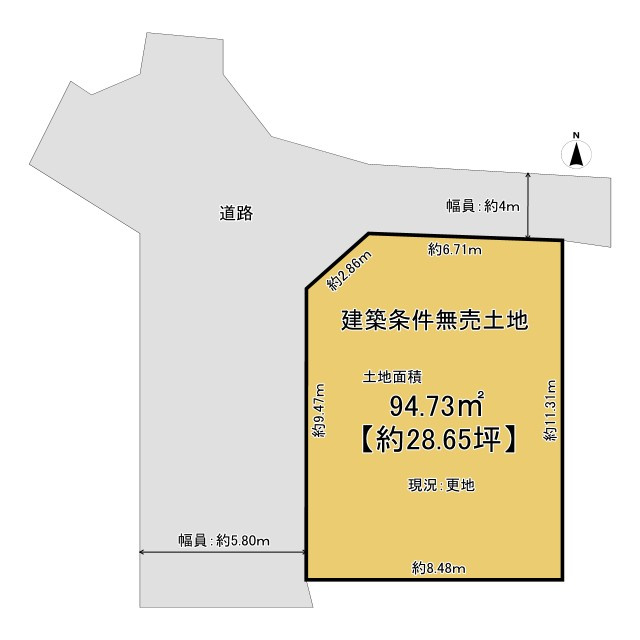 向日市寺戸町西野辺の土地図|約28.65坪の北西角地です。
