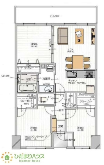 【間取り】 | マ・トール土浦スカイマークレジデンス | 南向き3LDKで明るく開放的な住空間。
