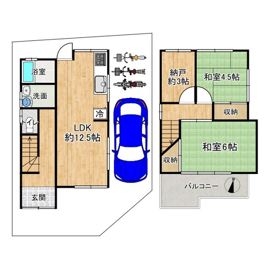 【間取り】 | 長尾西町2丁目 戸建 | 1F:34.76㎡
2F:29.62㎡の間取りになります！