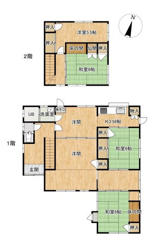 下松市桜町　戸建ての間取り|和室や押入などの収納空間が充実した多部屋の間取りです。勝手口や洗面室への動線もスムーズで生活しやすく、ファミリーでの利用や部屋数を確保したい方にぴったりな住まいです。