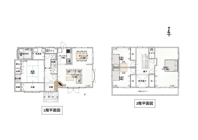 諫早市飯盛町戸建ての間取り|吹き抜けにより開放的な玄関が迎える4LDKの住空間です。
