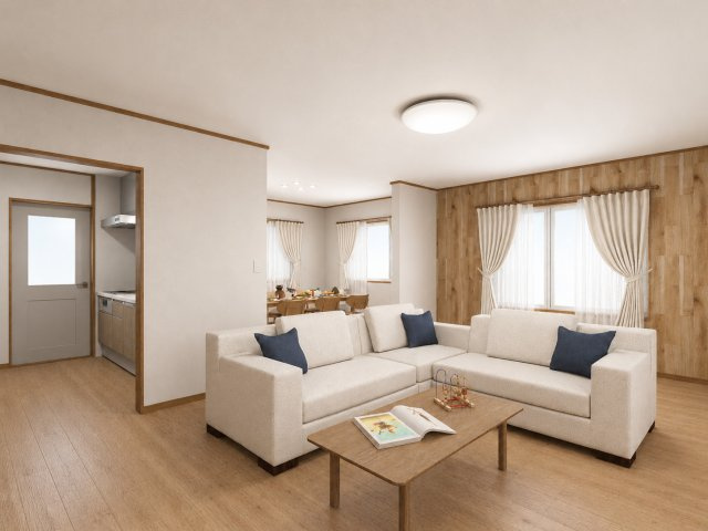 諫早市飯盛町戸建ての居間・リビング|キッチンスペースと空間をゆるく仕切られたリビングです。アクセントとして壁面には木版が貼られており、温かみのある空間となっております。