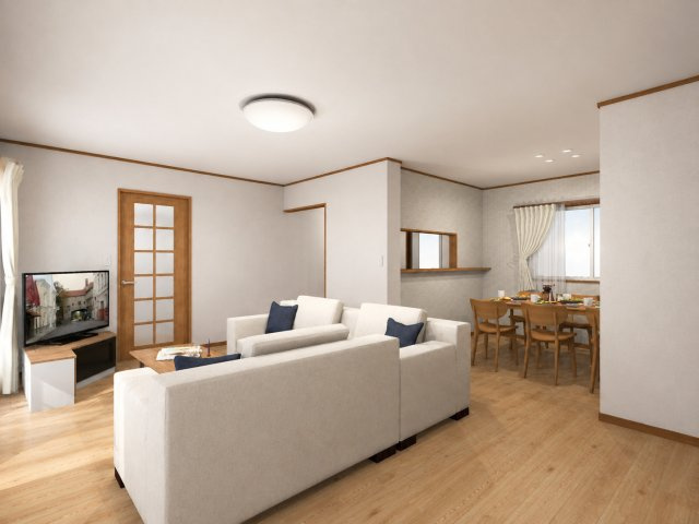 諫早市飯盛町戸建ての居間・リビング|LDKのそれぞれの空間をゆるくつなげることで、どこにいても家族の会話が広がります。