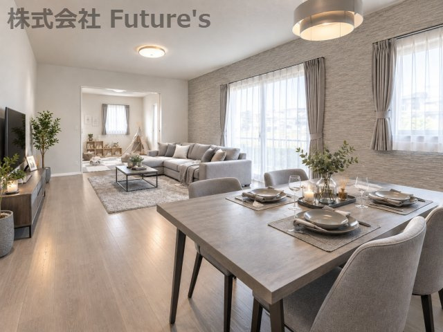 三郷市高州1丁目　新築戸建　全2棟　B号棟の居間・リビング|現況の物件写真にCGによる画像処理を行っています。家具、家電、小物、カーテン等はイメージはCGです。