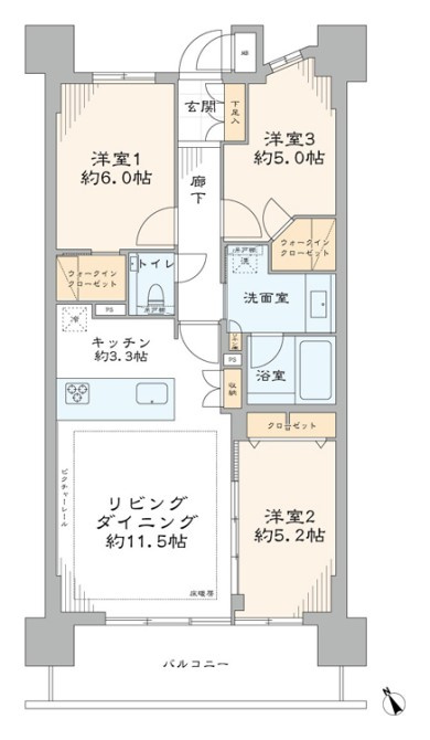 ＴＨＥパームス祐天寺マスタープレイスの間取り|ＴＨＥパームス祐天寺マスタープレイス：全居室収納・窓が付いた３ＬＤＫ床暖房・エアコン付きリノベーション物件は住設備も充実！