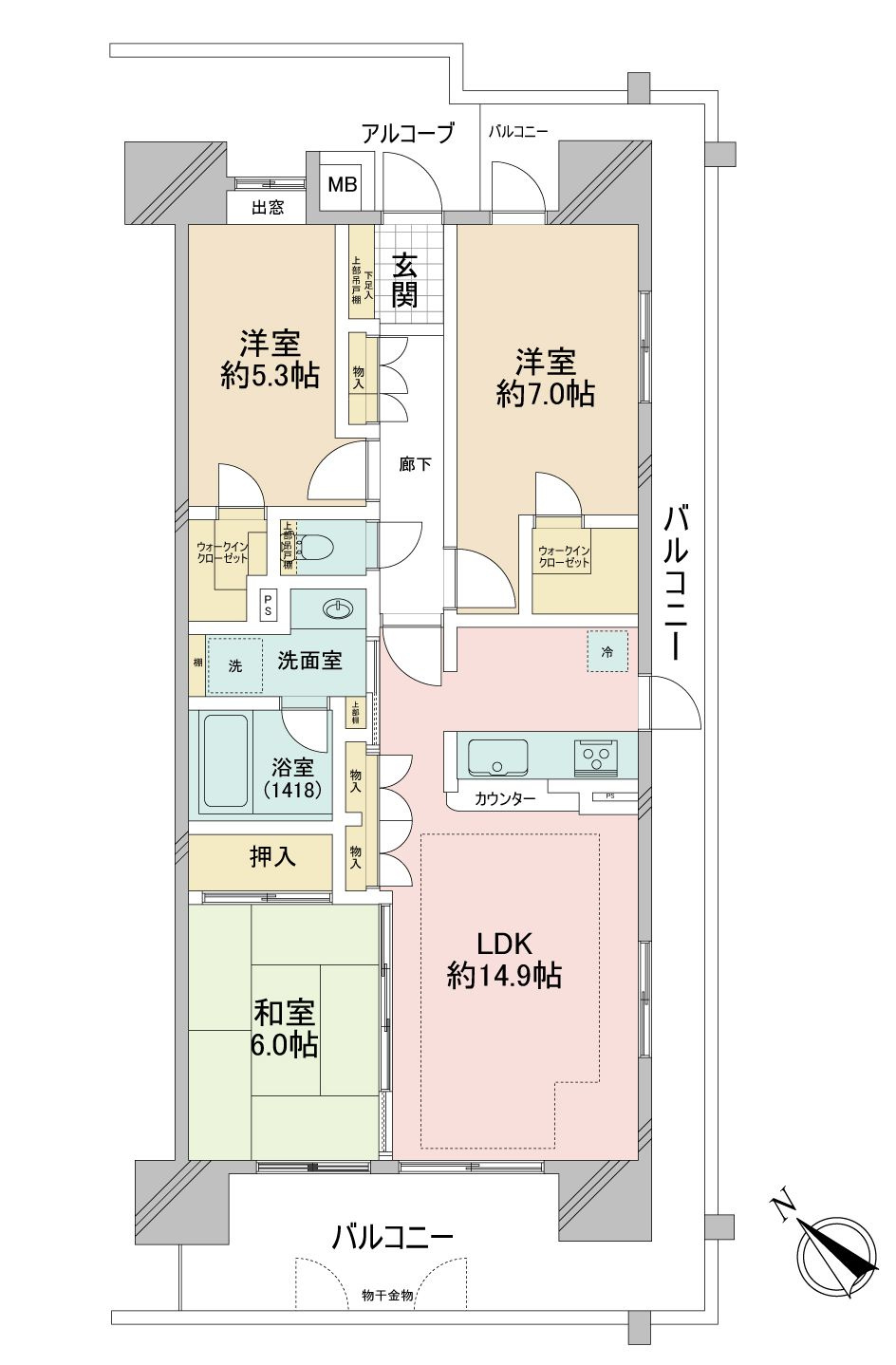 コスモ・ザ・キャナル東京イーストの間取り|9階部分・南東×南西・角部屋住戸につきまして日当たり・通風・眺望良好