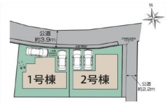 「LDK19帖」「車2台駐車可」玉津町今津　全2棟1号棟の区画図