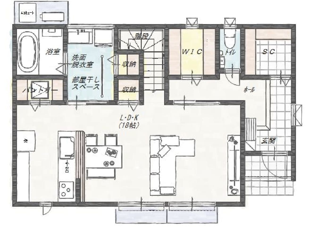 【2階建てプラン例あり】土佐山田町東本町（北）建築条件付き売り土地の参考プラン|【建物プラン例：1階】家事動線や収納など工夫が詰まった間取り