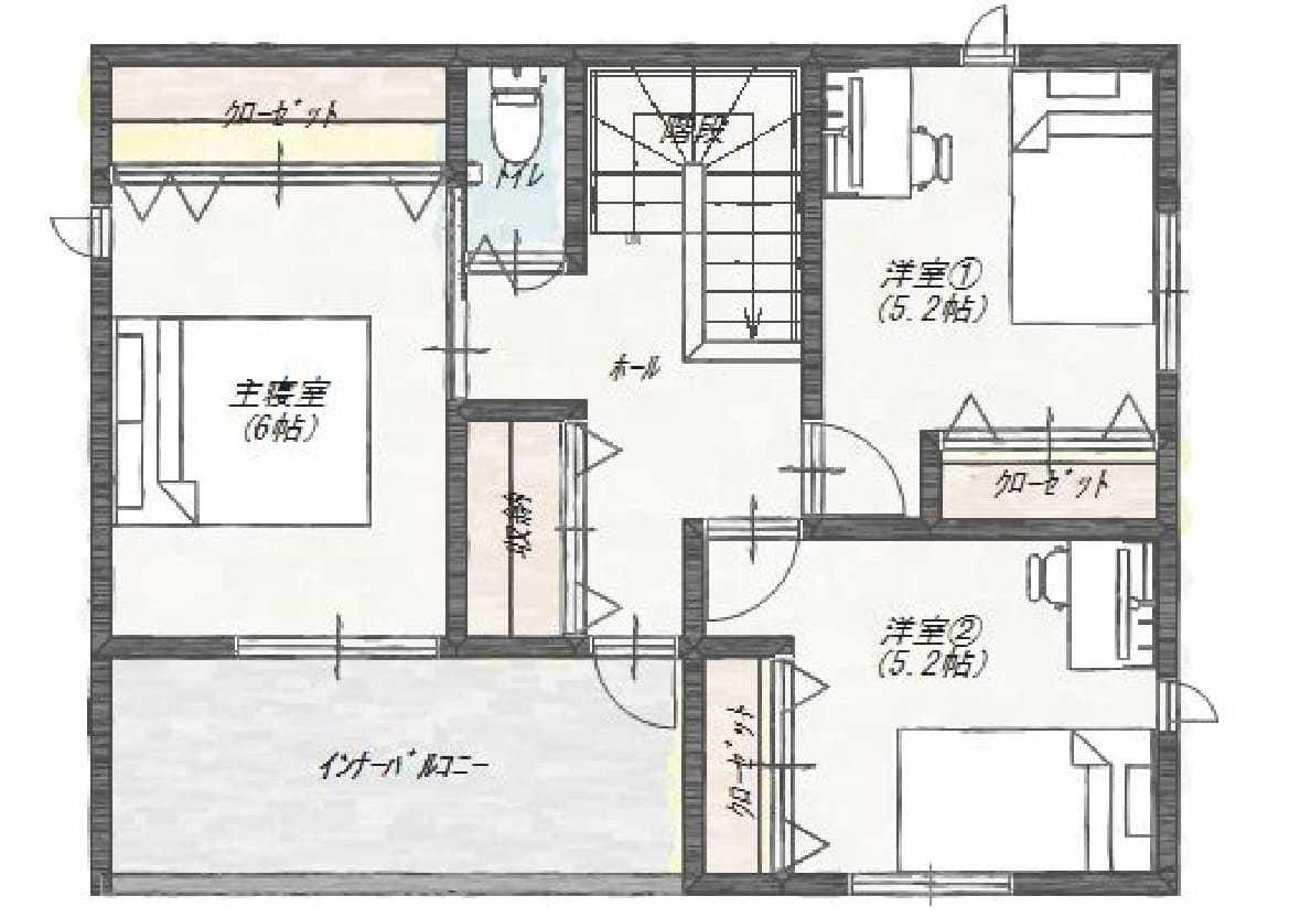 【2階建てプラン例あり】土佐山田町東本町（北）建築条件付き売り土地の参考プラン|【建物プラン例：2階】家事動線や収納など工夫が詰まった間取り