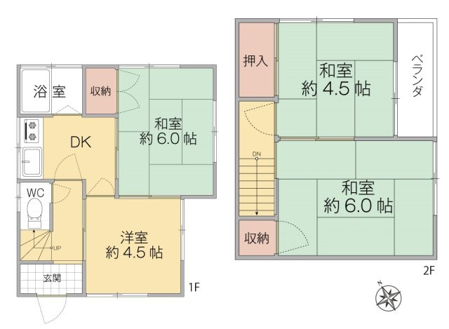 【間取り】 | 朝霞市宮戸4丁目　中古一戸建住宅　(志木本店) | 全室南東向き。
和室3室+洋室のゆとりある4DK。
