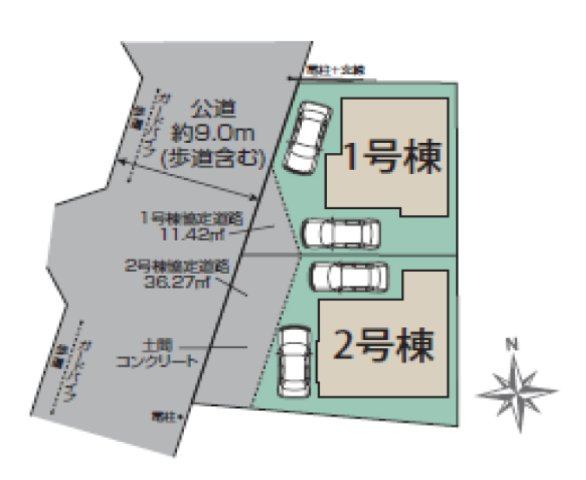 入間郡三芳町大字上富の新築一戸建の区画図|カースペースは２台分！セカンドカーやお客さま用の駐車場としてお使いいただけます。