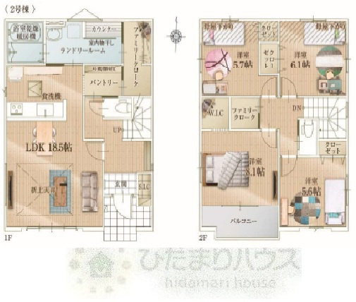 野田市上花輪6期　新築戸建　2号棟の間取り|4LDK　ファミリークローク+ランドリールーム+パントリー+WIC収納