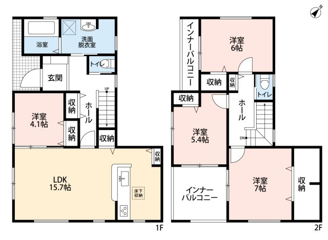 小牧市城山５丁目　新築戸建の間取り|LDK15.7+洋室4.1の使い勝手の良い空間
急な雨でも安心なインナーバルコニーが２か所