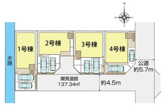 【区画図】 | 平塚市徳延3丁目  3号棟 | 3号棟　南側約4.5ｍ開発道路（私道・持分有）　駐車並列2台（車種によります）　敷地面積35.9坪　※協定道路・緑地持分有
