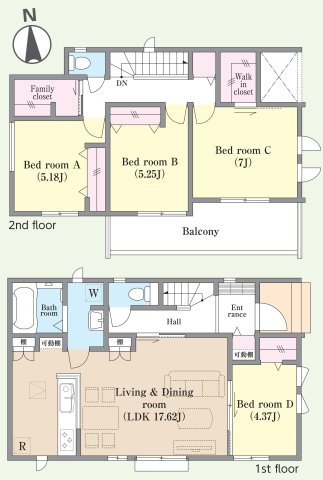 三郷市高州2丁目　新築戸建　全4棟　Ｂ号棟の間取り|WIC２ヶ所＋玄関収納付の収納充実な4LDK