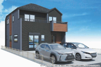 【外観パース】 | 【仲介手数料無料！！】日野市万願寺6丁目　新築戸建て（全１棟）1号棟　6999万円 | 本パースは、イメージ図につき、風景、建物、植栽などについては施工後の現物との差異が生じます
つきまして本パースによって生じたいかなる損害については一切責任を負いません