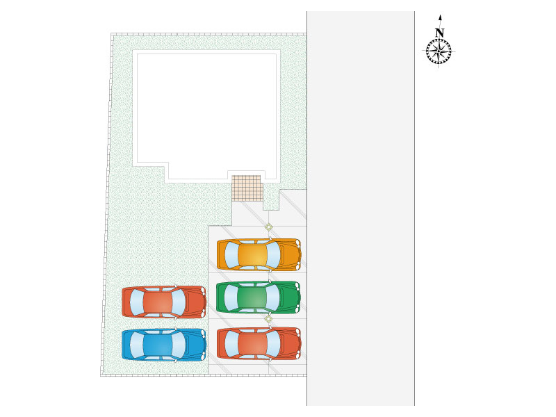 【7号棟:区画図】駐車5台可能。前面道路も広く、車の出し入れもスムーズに行えます。複数台所有のご家庭や来客時にも便利です。お車の多いご家庭にぴったりな住まいです。