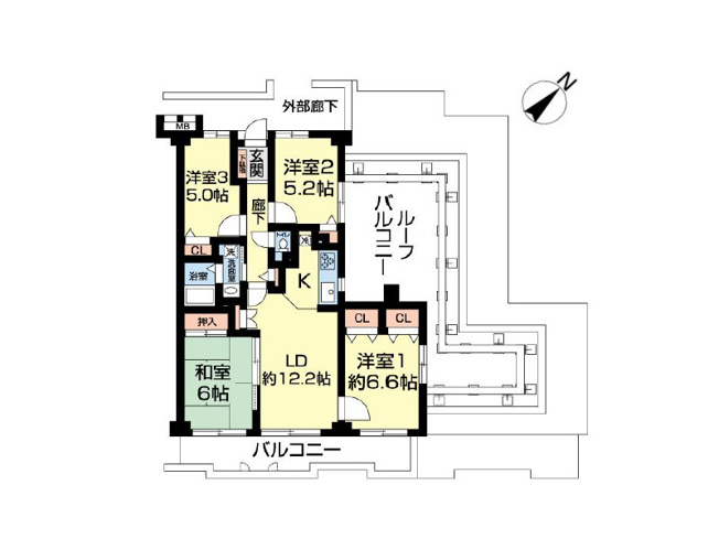 【間取り】 | コスモ鶴瀬ステーションスクエア　(ふじみ野店) | 広々としたルーフバルコニー付4LDK住戸。最上階かつ南東角部屋につき採光・通風・眺望良好な心地よい居住空間の住まいです。※図面を基に作成しています。現況と異なる場合は現況を優先いたします。