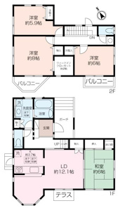 1階和室は洋間にリフォーム予定です。各居室収納付き、ウォークインクローゼット付きの間取りです。バルコニーも2か所あり洗濯物を干す場所には困りません。