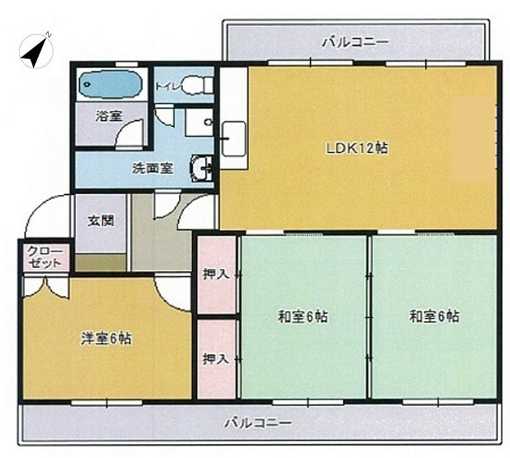 エメラルドマンション田方の間取り|専有面積６７．１０㎡（壁芯）、バルコニー面積１１．３５㎡の３LDKの間取りです。