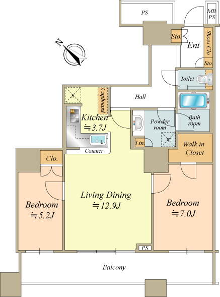 人気の南西向き、2LDKタイプ。全てのお部屋が開口部に面した非常に明るいお部屋です。