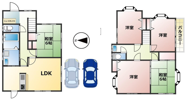 【間取り】 | 北広島町有田　５ＬＤＫ戸建て | ◎５ＬＤＫ戸建て
角地で開放感あり陽当り眺めも良好
嬉しい２Ｆにもトイレ、洗面台つき、テーブルセット、エアコン２台つき
カーポートつき駐車場、車２台が駐車可能（車種による）、灯油給湯機を新規交換