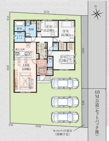 【間取り】 | 太田市金山町2期 | 勾配天井付18帖LDKを中心に、ランドリールームやWIC3箇所を備えた収納力豊かな3LDK平屋です。