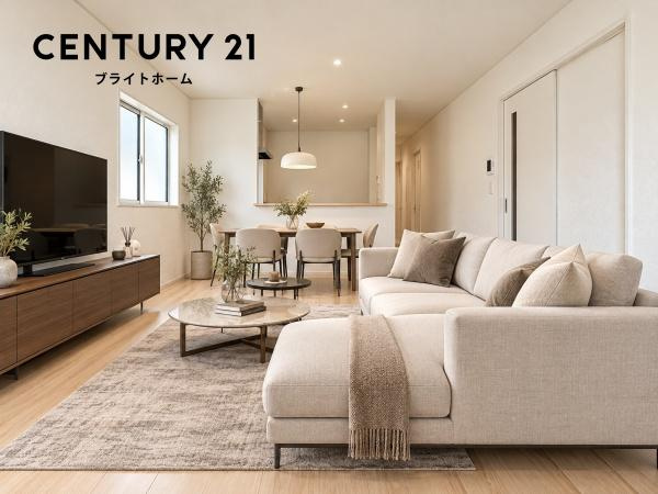 横浜市旭区中希望が丘の新築一戸建の居間・リビング|窓からは明るい光が差し込みます！
電気をつけなくても明るいです。
※家具等はCGでの参考レイアウトです。

