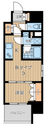 プライマル西蒲田の間取り|南向きバルコニー南東角部屋の1DK1DK