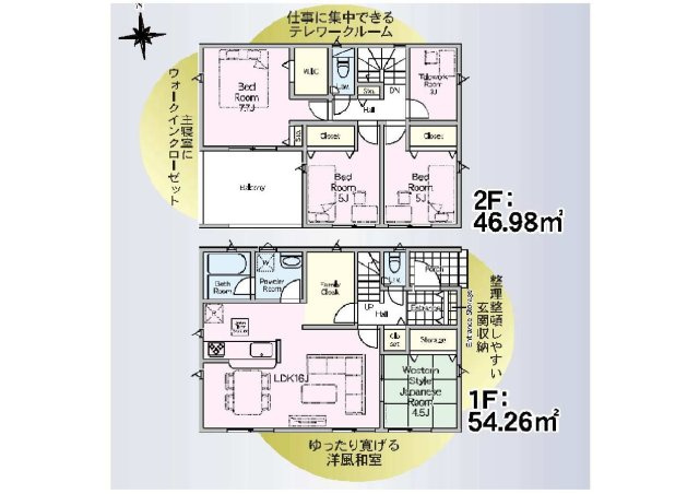新築　前橋市青柳町第28　クレイドルガーデン　5号棟の間取り|建物面積101.24㎡　全居室南向きで日当たり良好！テレワークルーム付きプラン！・ウォークインクローゼット・各部屋収納付き！日当たりの良いバルコニーはお洗濯物もよく乾きそうです◎
						
