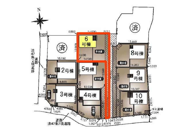 新築　前橋市青柳町第28　クレイドルガーデン　6号棟の区画図|6号棟　区画図　南側接道幅員約4ｍ

