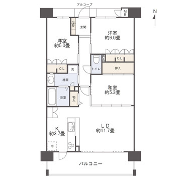 サーパス本町の間取り|南向きリビングと和室が隣接する3LDKで、全居室に収納を備えた使い勝手の良い間取りです。