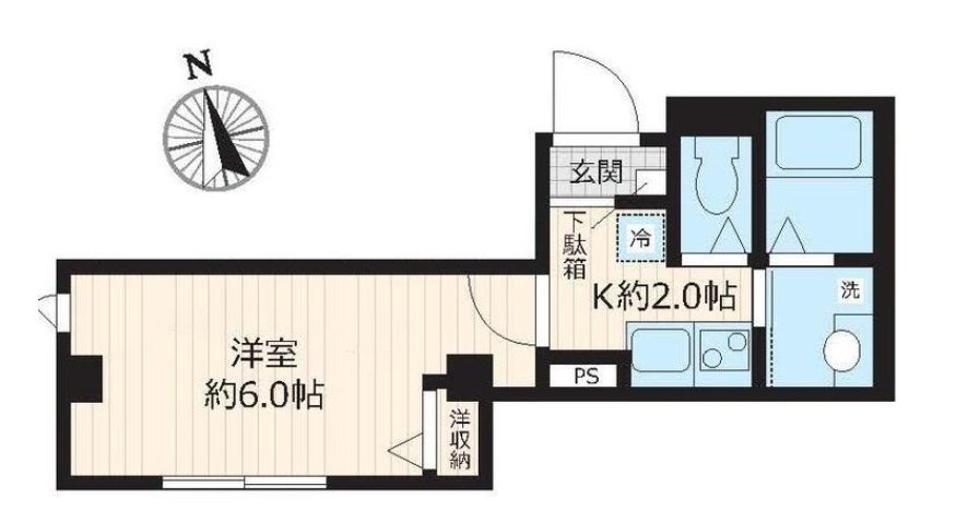 メゾン・ドゥ・ソレイユの間取り|北西2面採光の1K洋室6.2帖