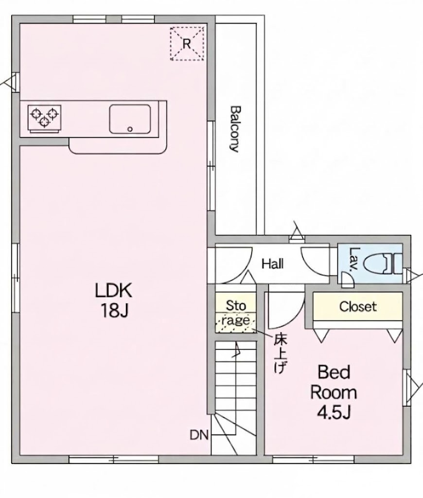 【2階リビングの2SLDK】高知市百石町第４　新築一戸建て　1号棟の区画図|2階は広々とした18帖のLDKと4.5帖の個室☆各部屋に収納があります♪