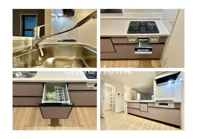 江戸川区篠崎町3丁目新築分譲住宅のキッチン|【システムキッチン】ワイドで収納豊富な使い勝手の良いカウンターキッチンには、食洗器・伸縮タイプのキッチン水栓、三ツ口コンロ・魚焼きグリルなどの便利な設備が標準完備されています。