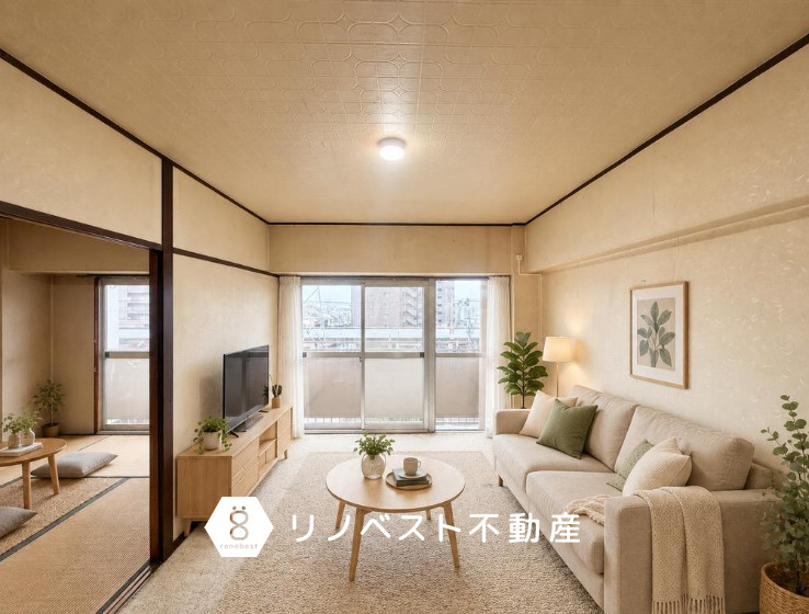 八戸ノ里グランドマンションB棟の居間・リビング|約14帖のLDK！
水回り、各居室への動線がスムーズです◎
※一部写真は、ホームステージングイメージとなっております。